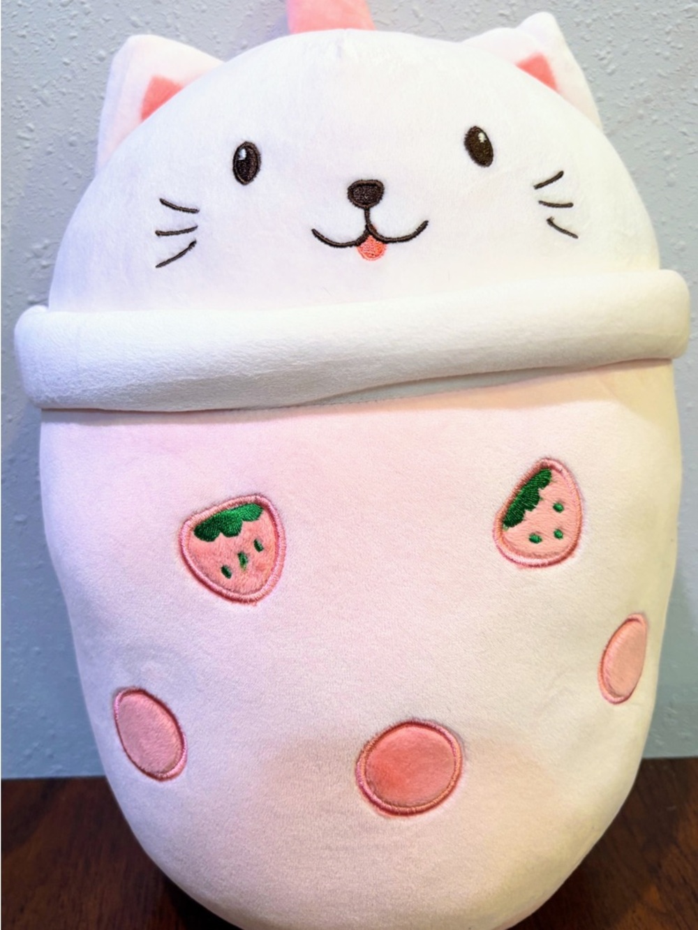 Cute 14 inch Pink Cat Strawberry Milk Boba Tea Plush